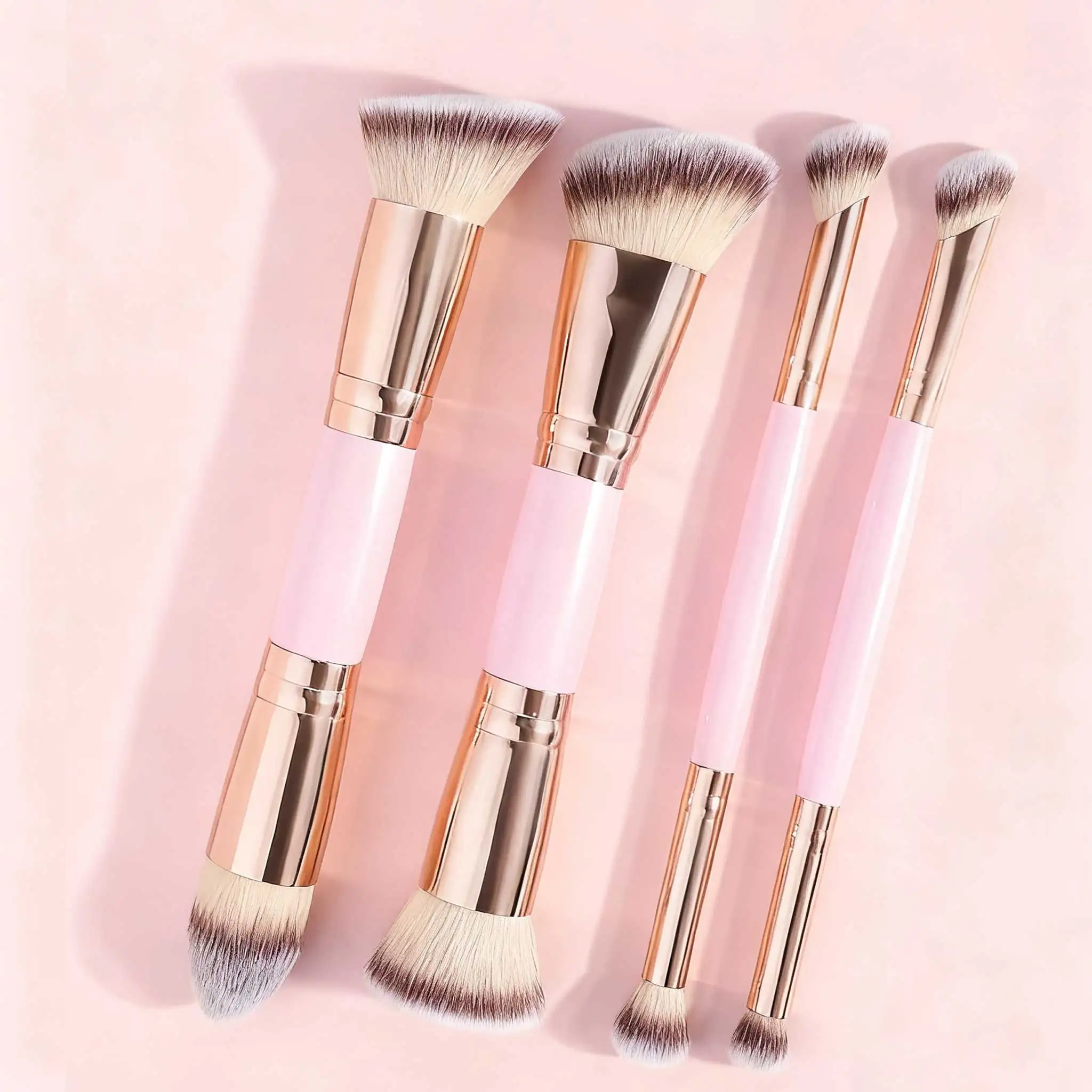 مجموعة فرش مكياج احترافية مزدوجة الأطراف مكونة من 4 قطع مع صندوق ورقي، فرشاة كريم أساس شطبة وفرشاة كونتور فرشاة أحمر الخدود Pow #1