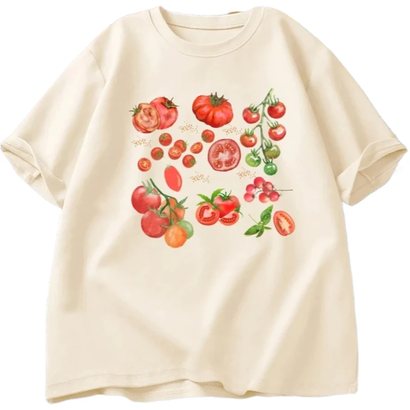 Tomato Pattern T-shirt, Rustic Style Vegan Clothing, Aesthetic Women's Printed T-shirt, Summer Harajuku Style T-shirt Y2K Top