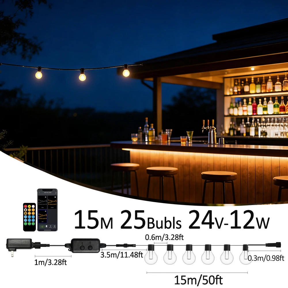 

Светодиодные гирлянды G40 для патио с дистанционным управлением, регулируемой яркостью, водонепроницаемые IP65, для сада и двора