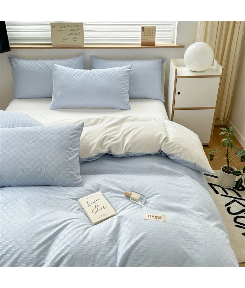 

New Arrival Washed Cotton Waffle Jacquard Bedding Set,Duvet Cover with Zipper, Pillow Cases,Contrasting Color Super Soft
