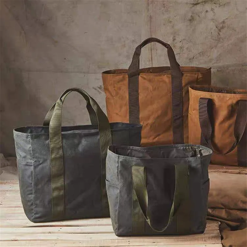 Unisex Large Capacity Simple Tote Shoulder Oil Wax Canvas Bag Mommy Bag Retro Casual Lightweight Handbag Sports Bag