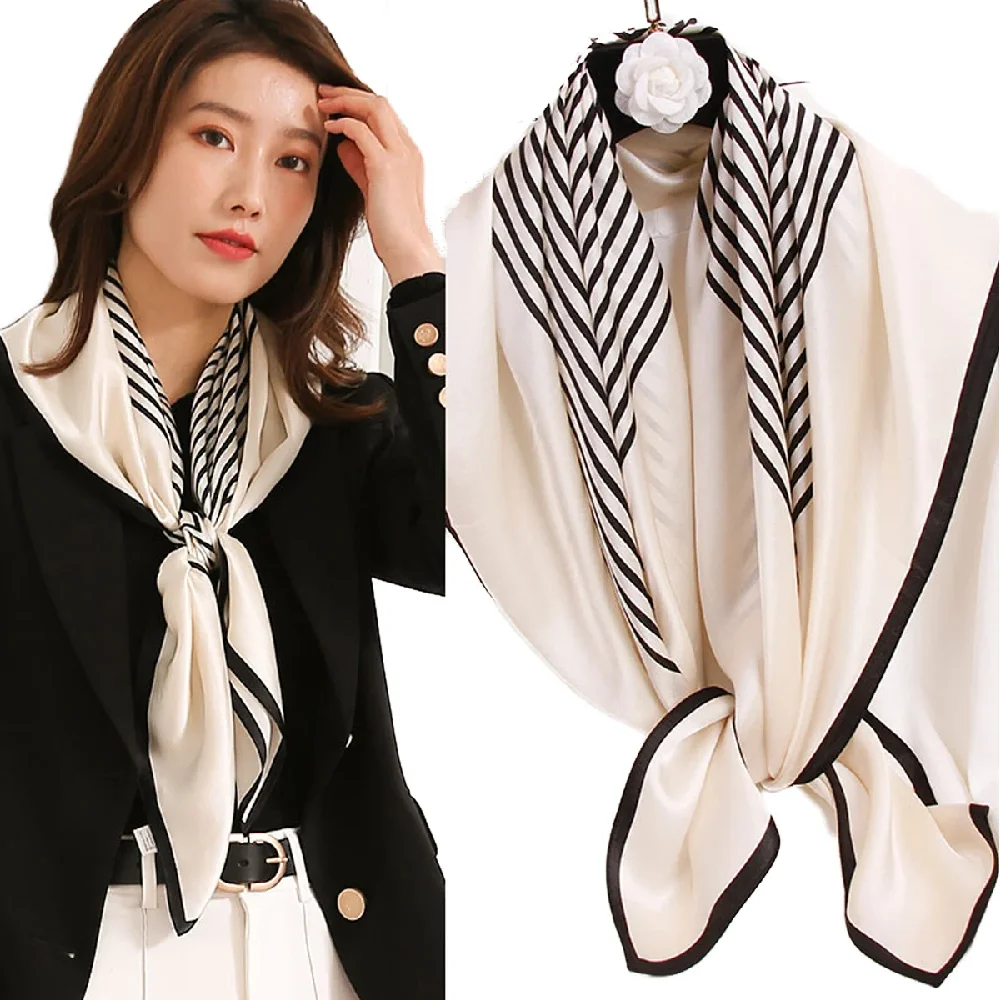 Vintage 100% Silk Scarf Women Large Square Shawl Hair Wrap Striped Pattern White Black 90CM