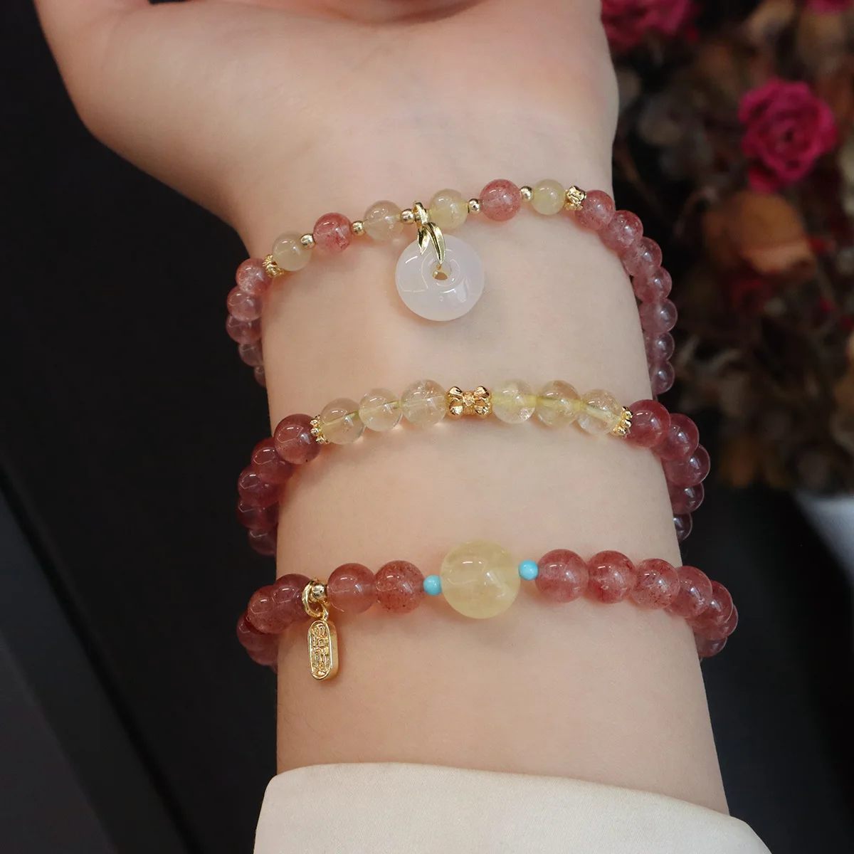 6MM Natural Strawberry Quartz Crystal Beaded Bracelet Women Lucky Hetian Jade Pixiu/Horse/Cat's Paw Charms Luxury Fine Jewelry - view 2