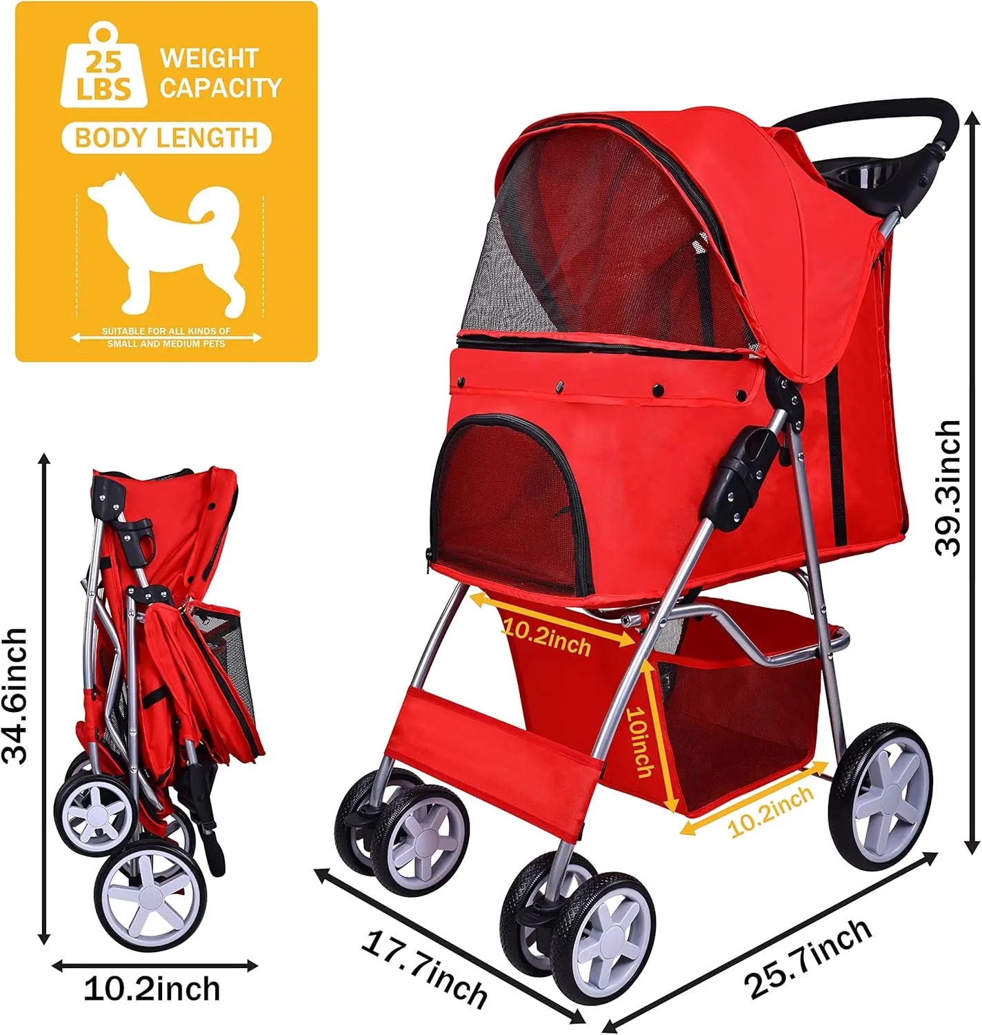 Kinderwagen Voor Huisdieren, 4 Wielen Multifunctionele Hondenkattenwandelwagen, Opvouwbare Draagbare Reiswandelwagen Met Afneembare Drager, Rood