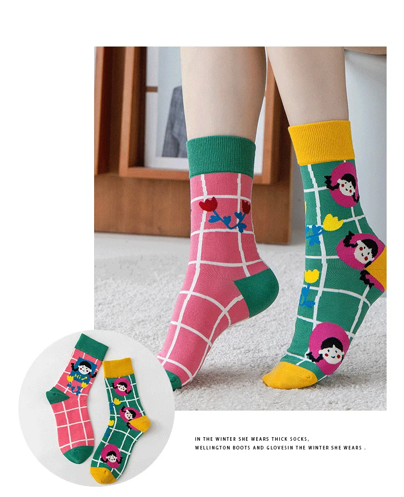 A pair of male and female asymmetrical AB new fashion Harajuku high quality high tube socks creative cartoon cotton socks