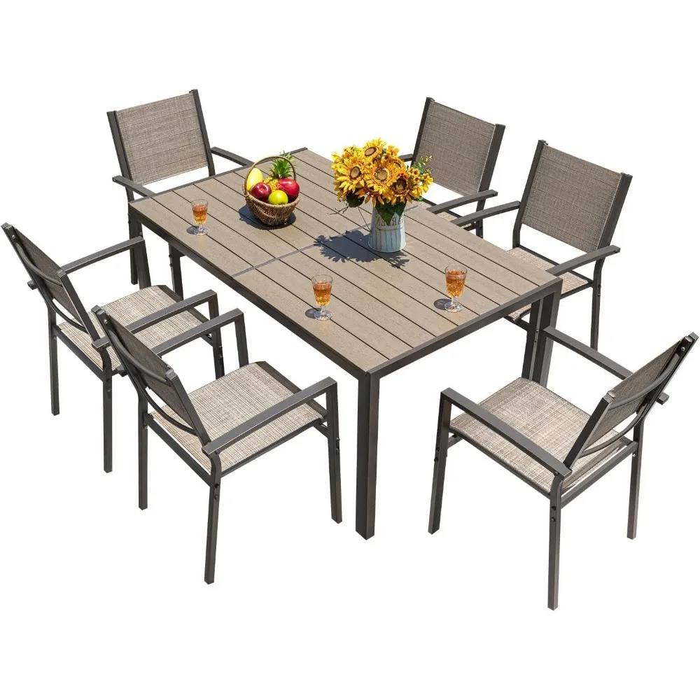 Patio Dining Set 7 Pieces Outdoor Furniture with Large Table and 6 Textilene Chairs for Porch