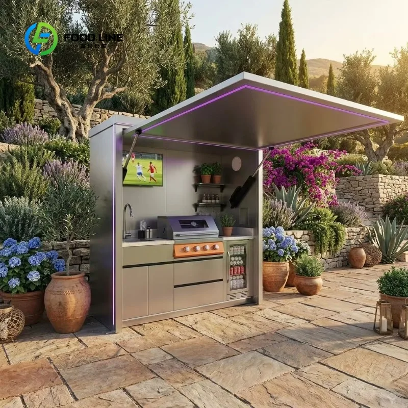 Customized Luxury Outdoor Kitchen with Shed Formaldehyde Free Easy to Clean and Hygienic Outdoor Bbq Kitchen Pod for Courtyard