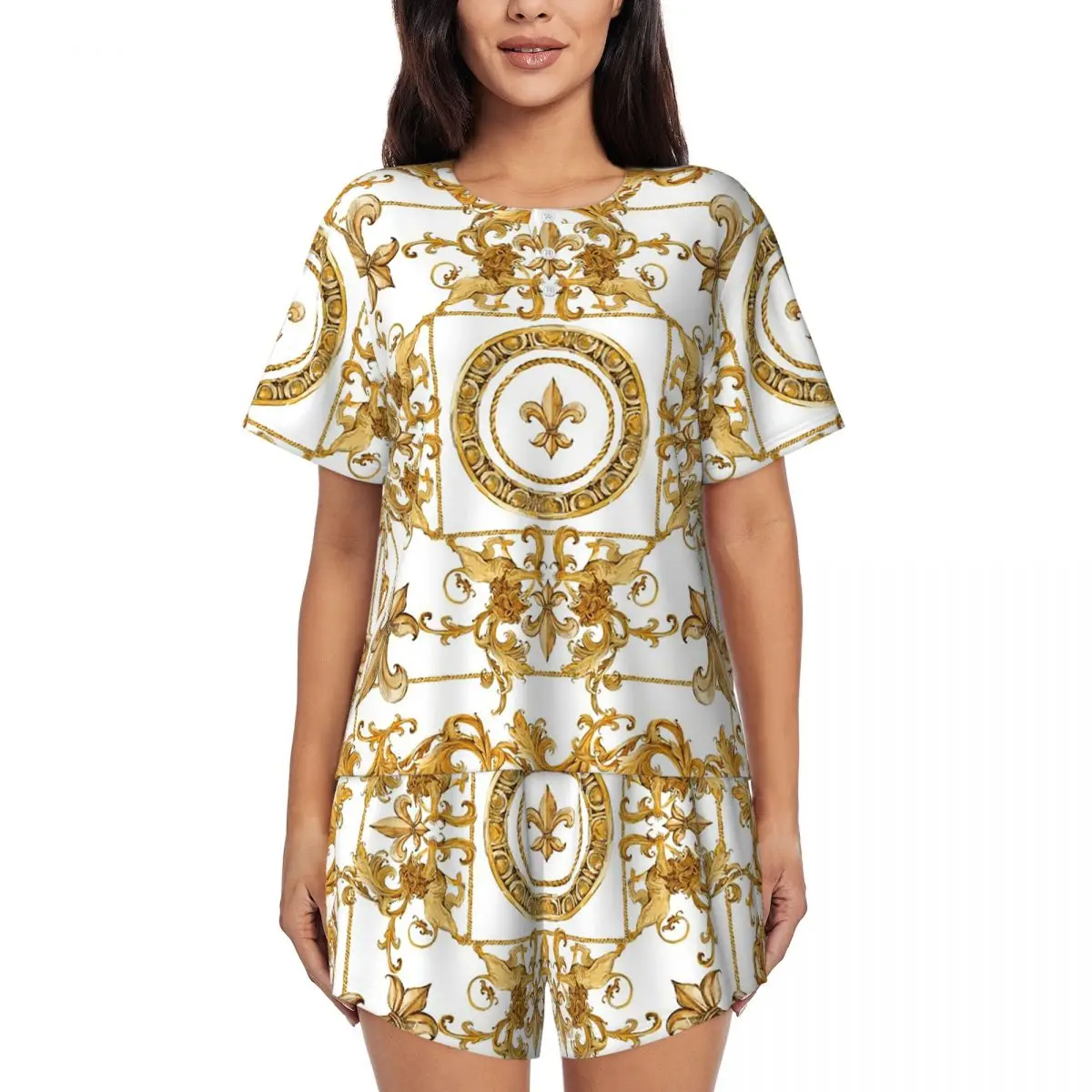 

Golden Baroque And Damask Ornament Round Neck Short Sleeves Nightdress for Sleepshirts Women Loose Pajama Set Short Pants