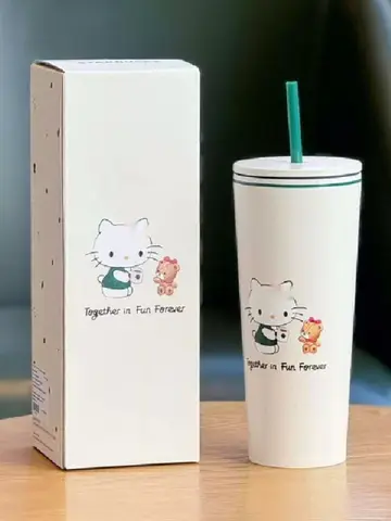 New Cute Cartoon Cat Insulated Cup With Simple And High Beauty Stainless Steel Straw Cup Portable Travel And Camping Goods