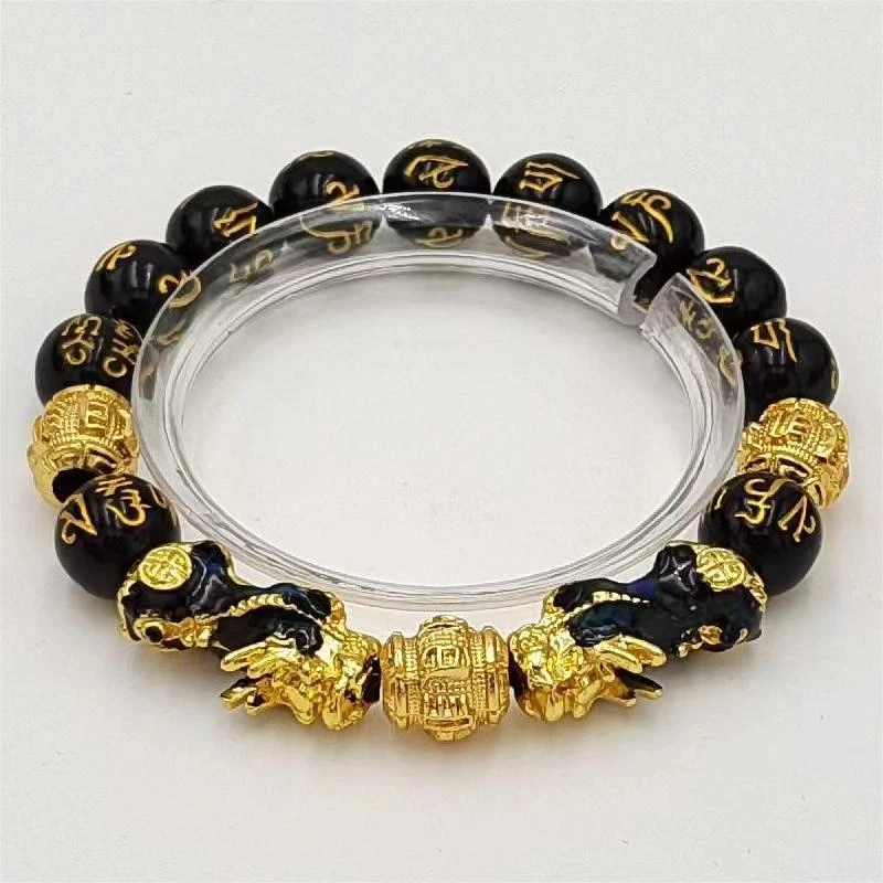 Imitation obsidian gold-plated mythical wild animal bracelet six-word truth to protect color gold beads string fortune jewelry