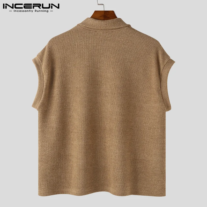 INCERUN Men Shirt Solid Color Knitted Summer Lapel Sleeveless Casual Men Clothing Streetwear 2024 Fashion Leisure Male Shirts