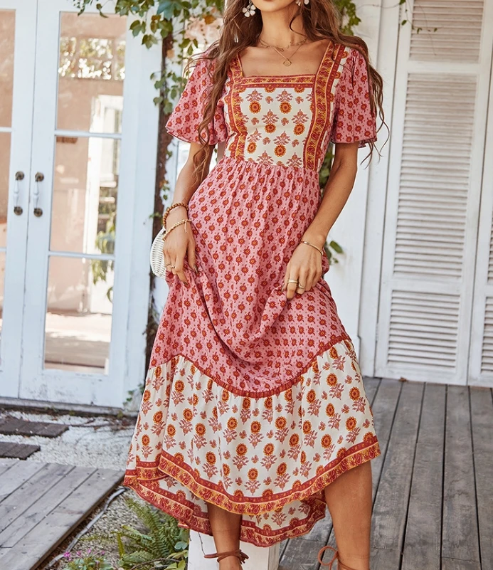 

Women's Casual Summer Temperament Commuting French Dress Bohemian Print Square Neck Short Sleeve High Waist A-line Maxi Dress