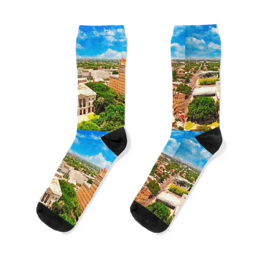 Aerial of downtown Laredo, Texas - digital painting Socks cool New year's Socks Women Men's