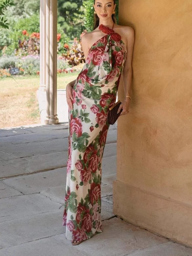 

Fashion Off Shoulder Halter Dresses Spring Women Sleeveless Print Long Dress Summer High Waist Neck Mounted Ankle Length Dress