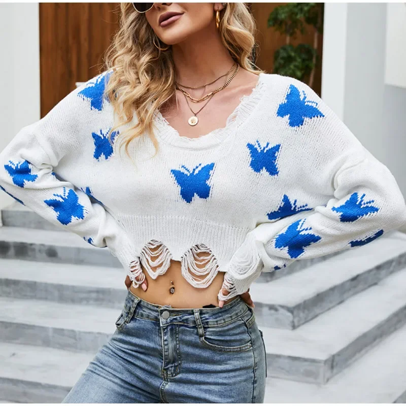 

Women's Autumn Long Sleeve Butterfly Fringed Pullover 2021 Sweater Sexy V-neck Tassel Knitted Sweet Short Ladies Sweaters Female