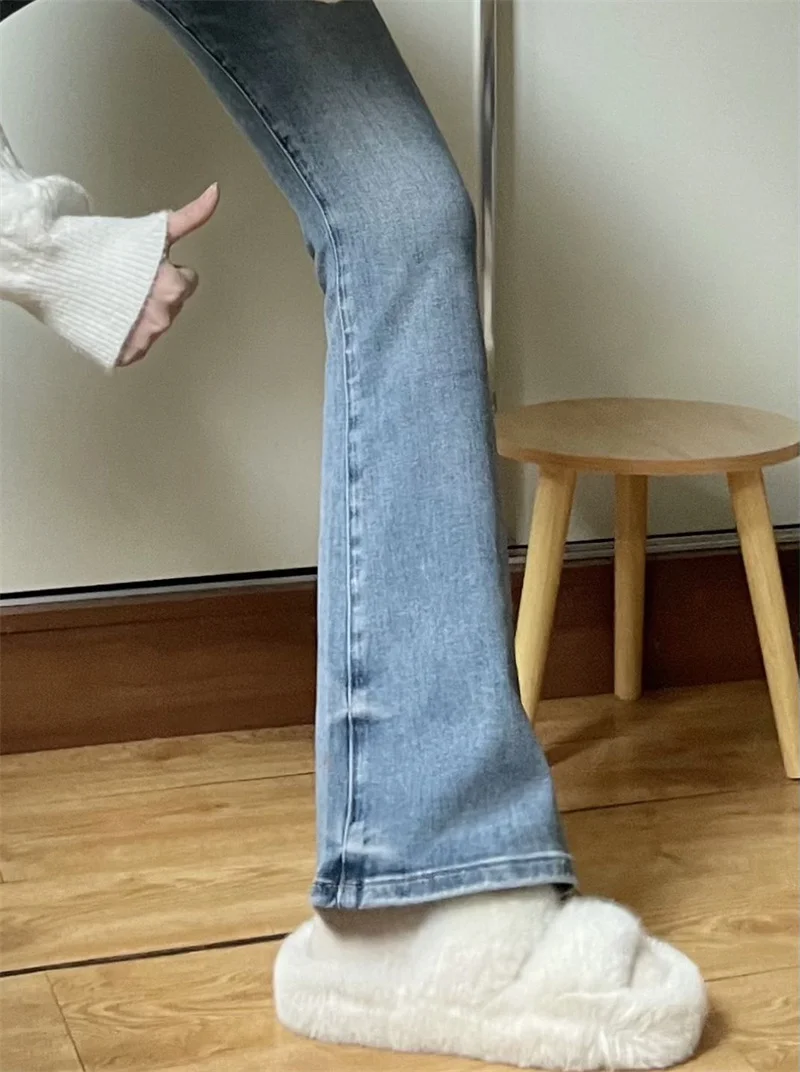 Light Blue High Waist Flared Jeans Women's Autumn New Large Size Small Height Straight Leg Floor-Length Bell Pants