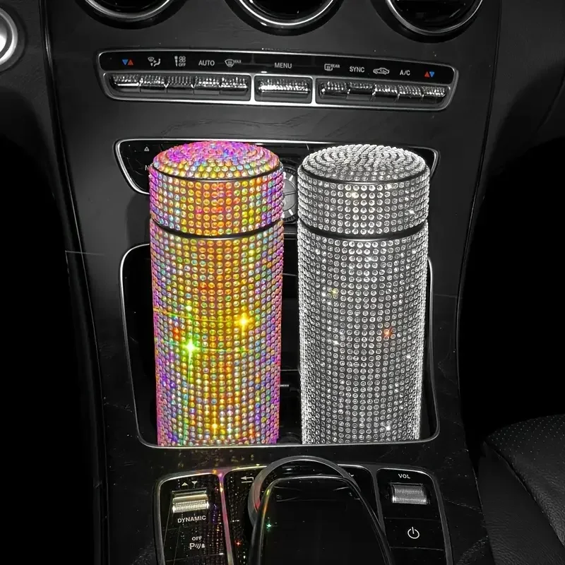 500ml Car Insulated Water Bottle 304 Stainless Steel Diamond Heat Preservation Water Cup Holder Bling Car Accessories for Women