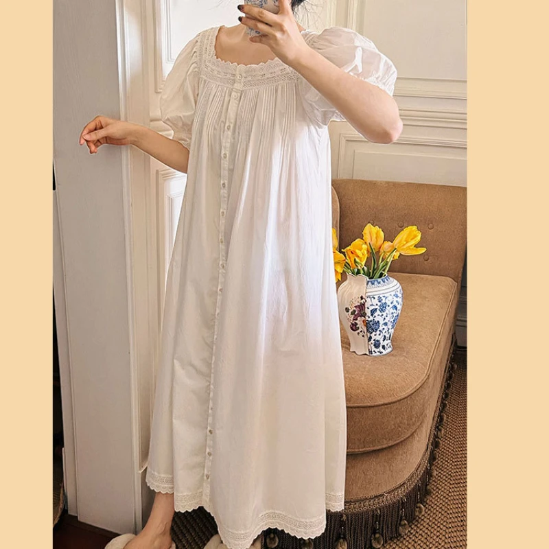 Victorian White Night Dress Women Summer Pure Cotton Short Sleeve Long Peignoir Vintage Nightgown Sleepwear Princess Nightwear