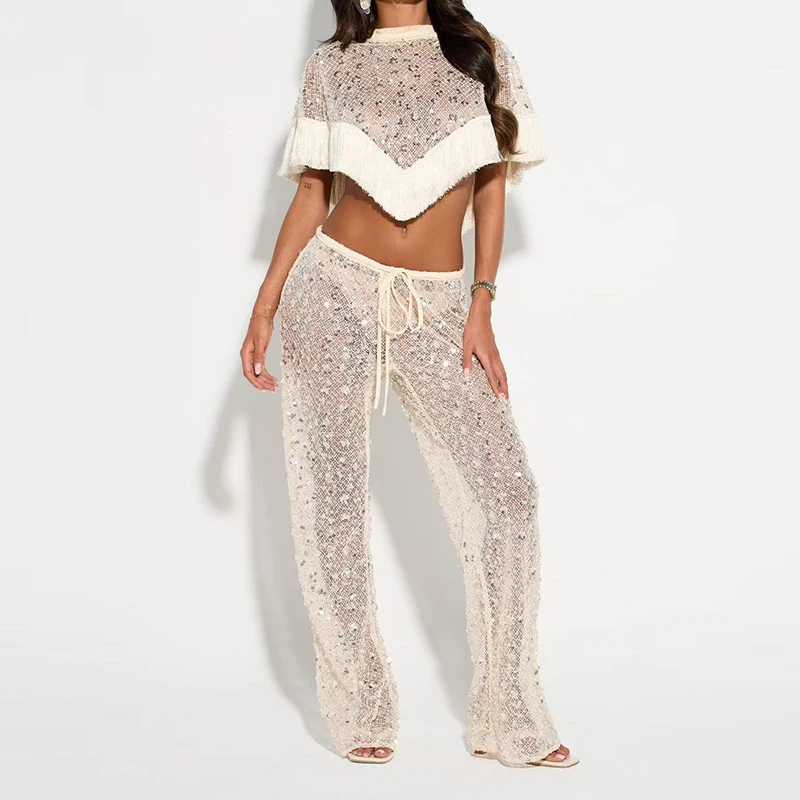Fashionable Glitter Sequin Mesh Party Suit Women Elegant O Neck Tassel Shawl Tops & Bodycon Skirts Set Summer Hollow 2pcs Outfit image 5