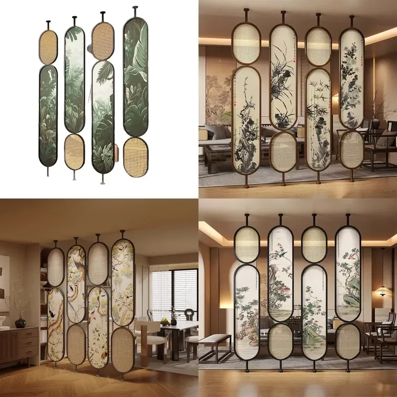 French Medieval Rattan Room Divider Rotating Iron Partition Screen for Living Room Hotel Restaurant Background Wall Decor