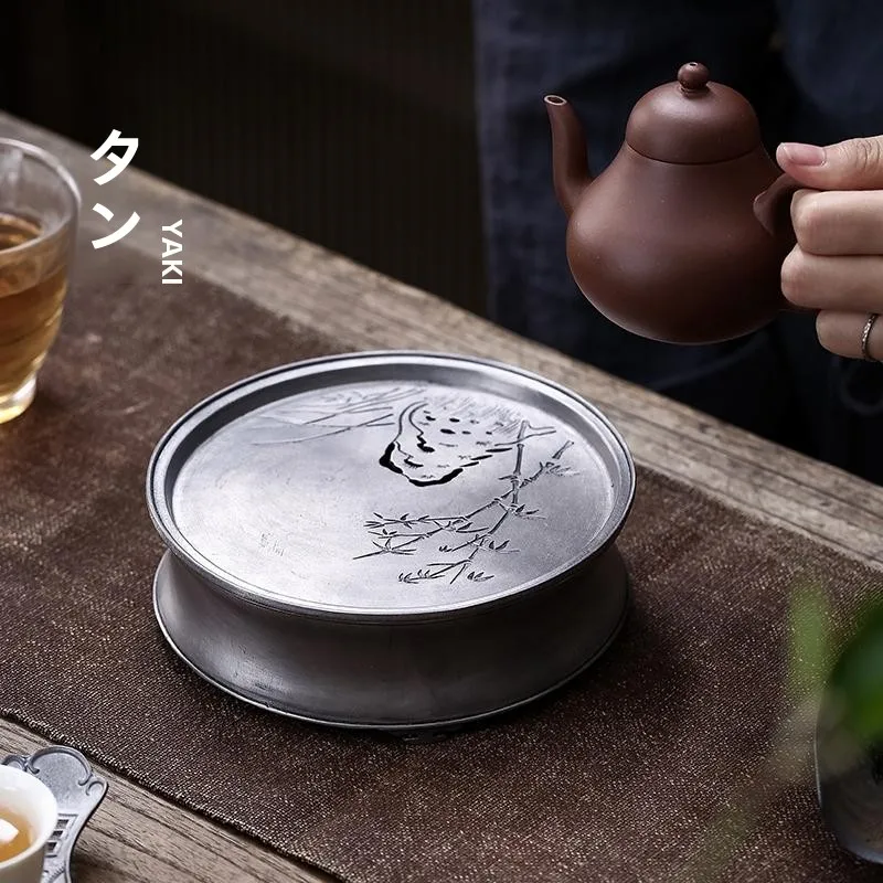 Handmade Chinese Style Pure Tin Tea Tray round Storage Water Tea Table Dry Puffing Board Home Use Tea Pot Holder Pad