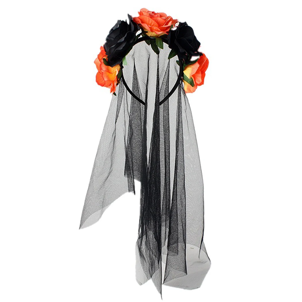 1Pc Day Of Dead Headband Bride Lace Veil Corpse Fancy Dress Halloween Costume Party Headpiece Women Black Red Rose Flower Crown