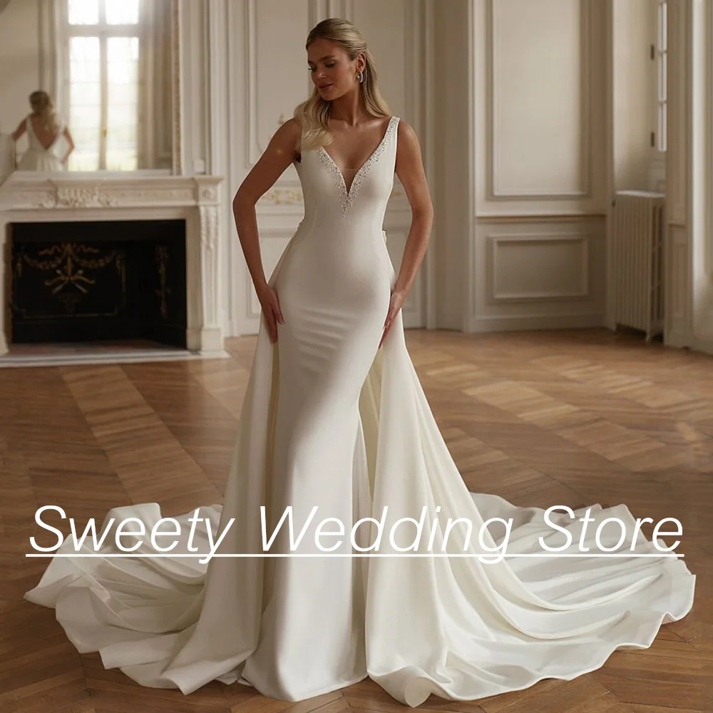 Customized Mermaid Wedding Dress Detachable Train Deep V Neck Pearls Beading Sweep Train Backless Woman Bridal Gown Custom