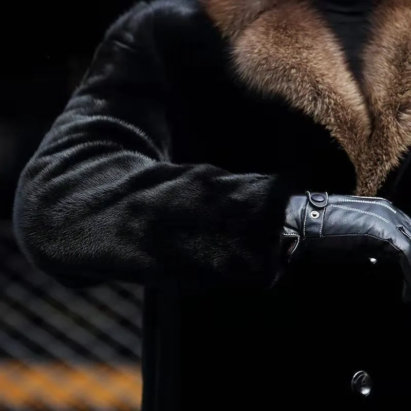 Jas Bulu Mink Kerah Jas Pria Model Longgar Oversize Jaket Bulu Tebal Hangat Bisnis Kasual Windbreaker