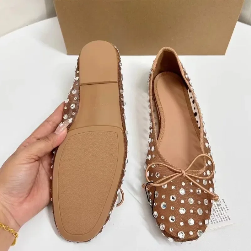 Luksusowe dżetów damskie buty 2099 wiosna płytkie oddychające siatkowe okrągłe Toe Bling Bowtie eleganckie baletki dla kobiet — zdjęcie 5