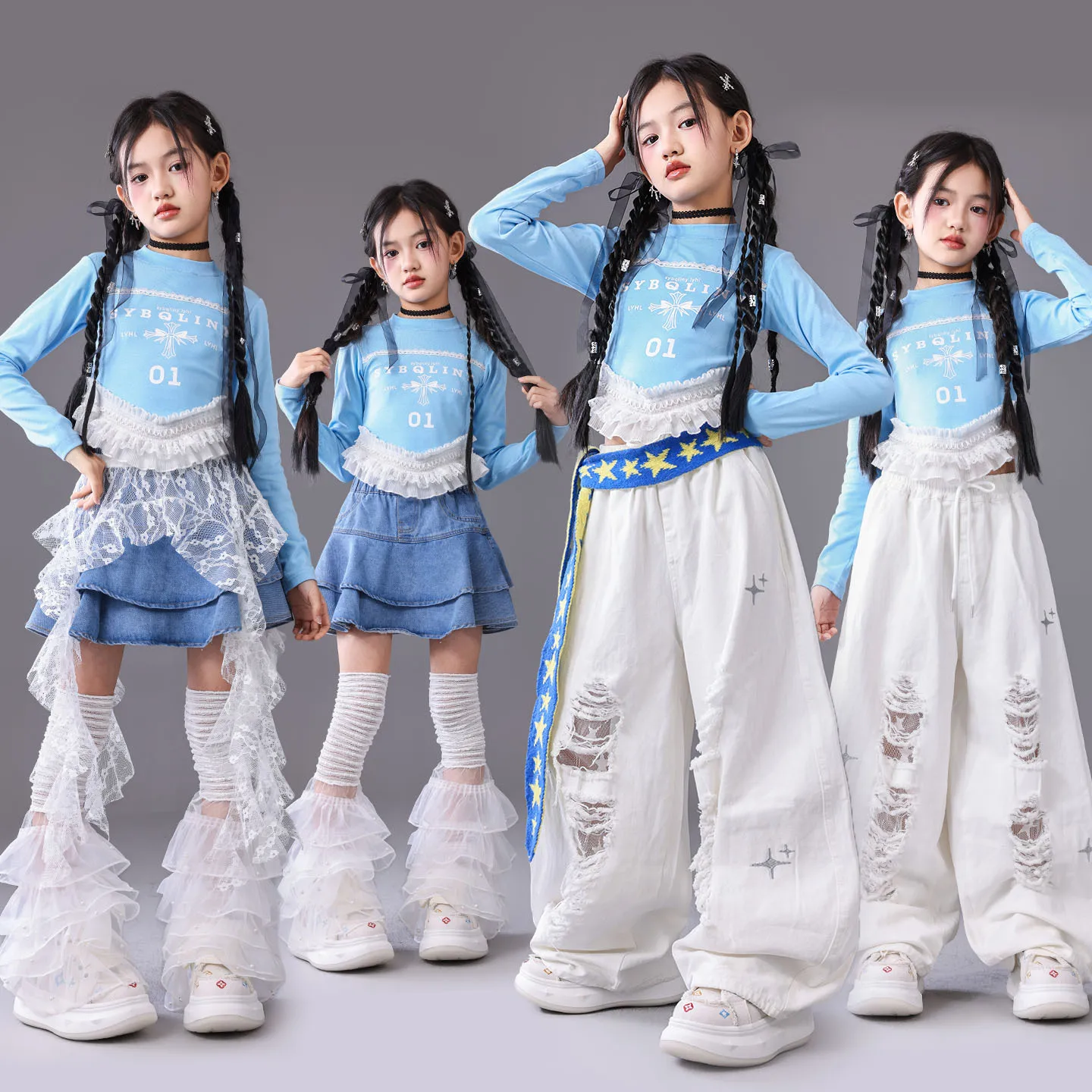 Girls Hip Hop Off-Shoulder Long Sleeve Top with White Pants And Skirt Street Dance K-Pop Streetwear Cool Group Jazz Costume Set