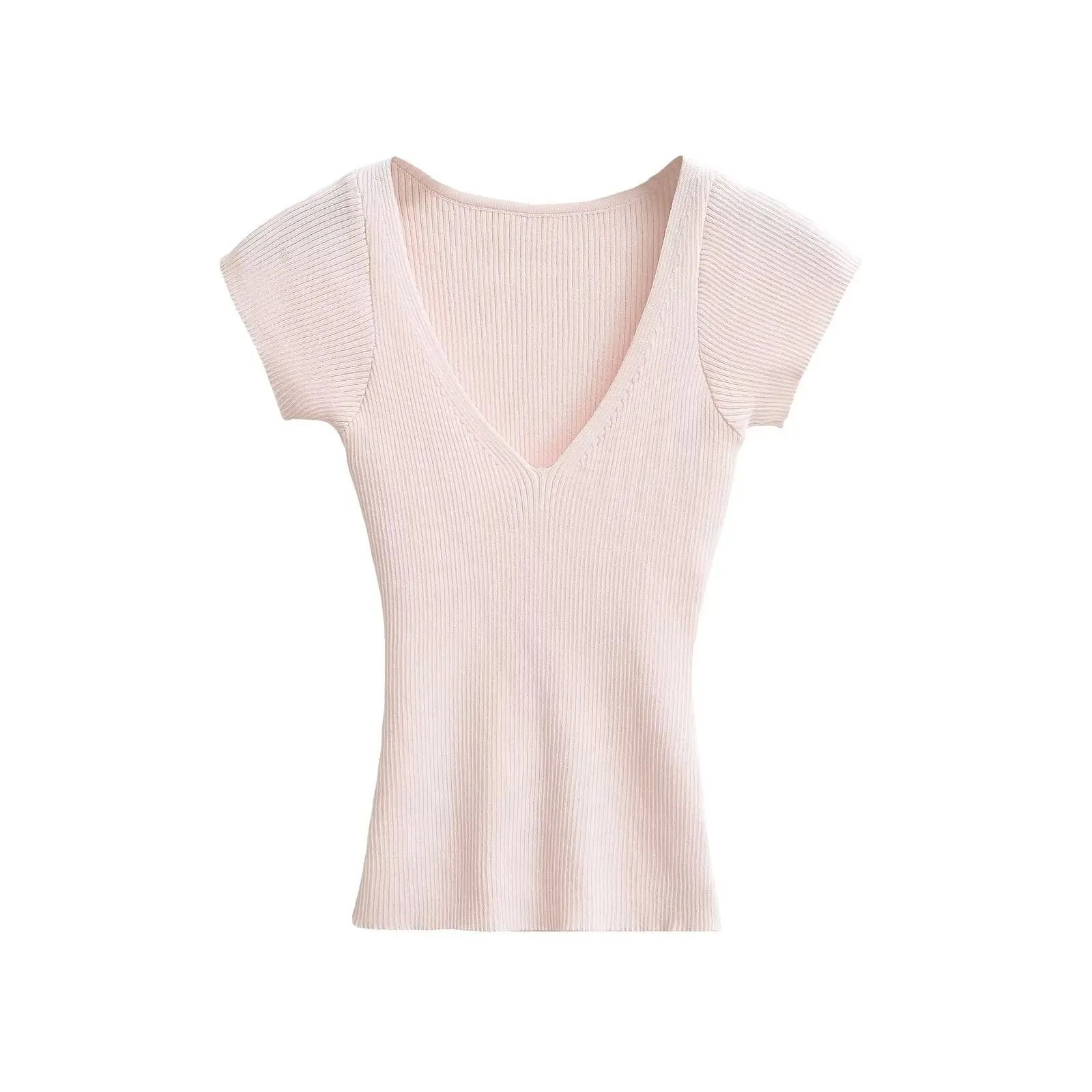 Pure Desire ピンク V-ne ort Sve ニットトップ女性の夏甘いスパイシーな ort T-irt ストリート Sle スリムフィットウエスト締め付け