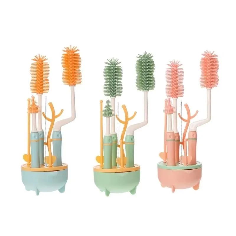 Soft Head Baby Bottle Cleaner Set 360 Degree Rotation Nipple Dropper Bottle Cleaning Brush Silicone Drying Rack Pink/Green/Blue
