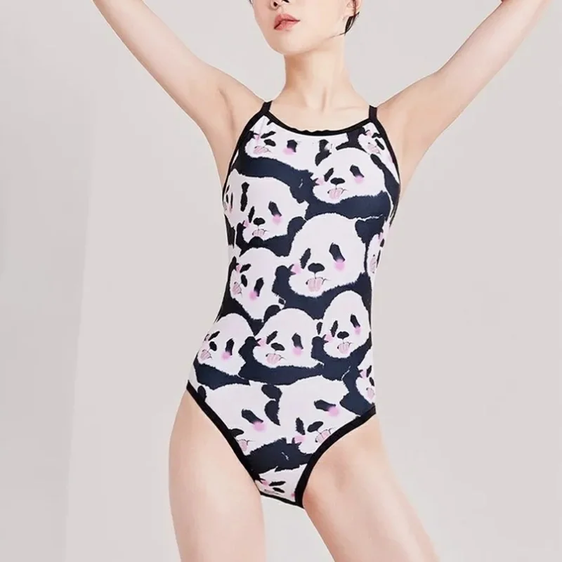 One-piece Panda Swimsuit for Women Peach Plaid Classic Training for Racing Slim Swimwear Professional Spice Girl Bathing Suit