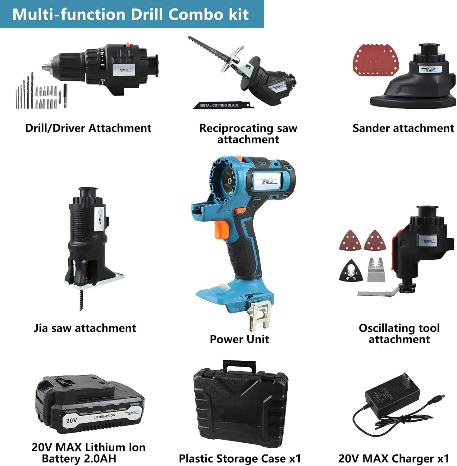 20V Cordless Combo Kit,5-Tool Tool Combo Kit with Case,Drill,Recip saw,Jig saw,Oscillating tool,Sander with Accessories,2.0Ah Li