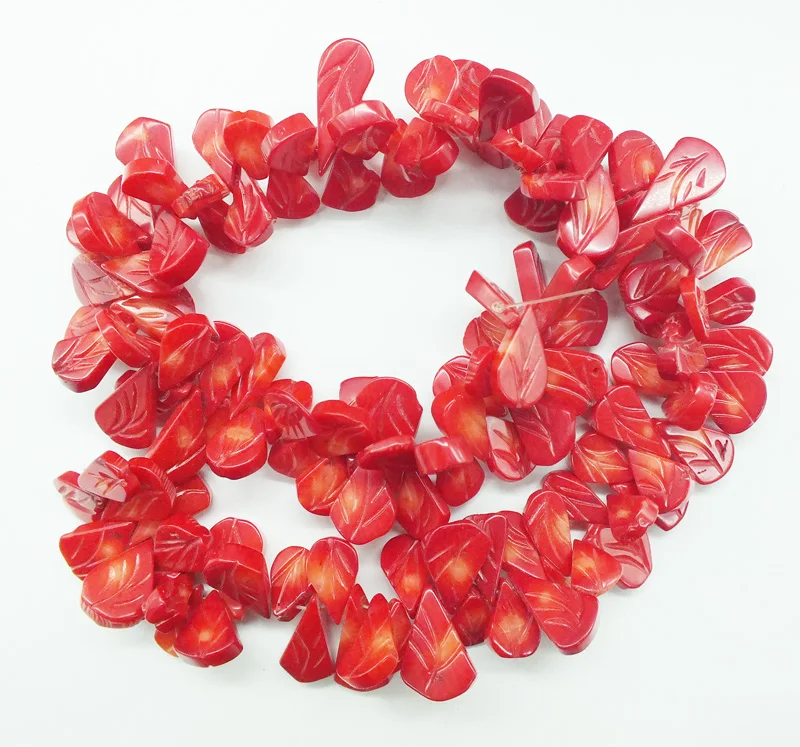 new   Handmade carved red coral leaves  loose beads 15