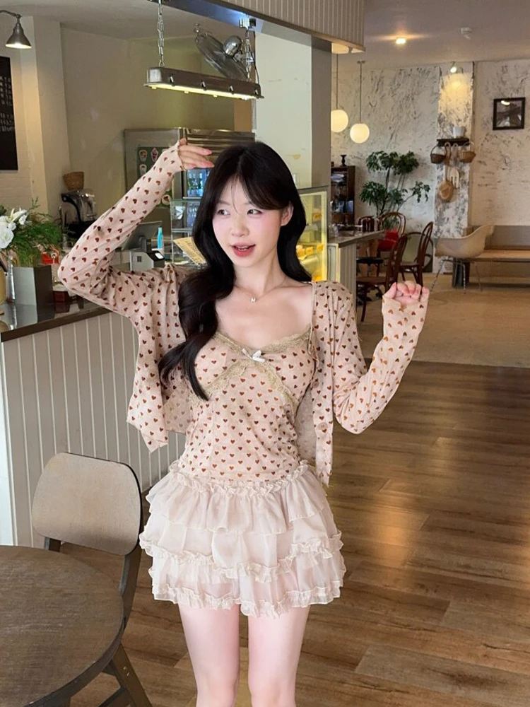 

Sweet Heart Long Sleeve Open Cardigan Lace Splicing Halter Neck Cake Skirt Women's Summer New Fashion Set Casual Style