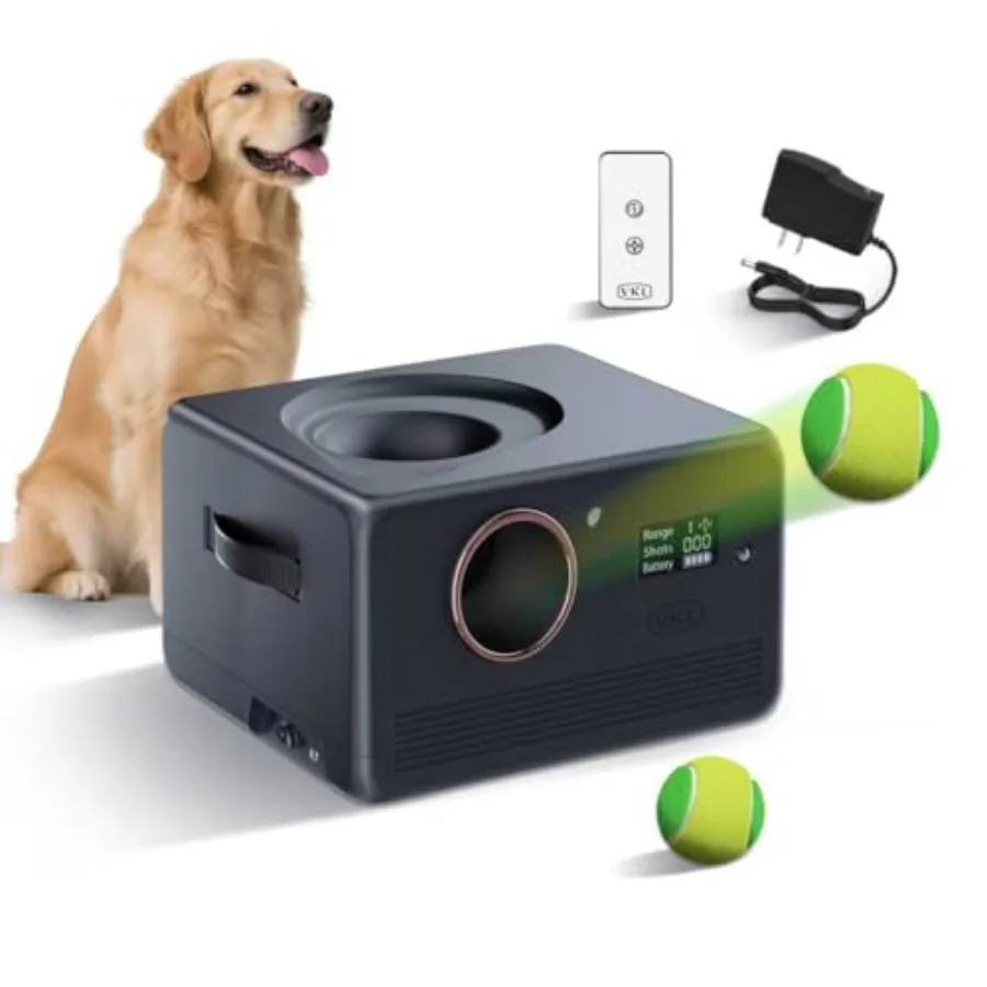 

Automatic Dog Ball Launcher Pro and Tennis Ball Thrower with Remote Control Display Screen 10/20/28ft Distances Dual Storage Au