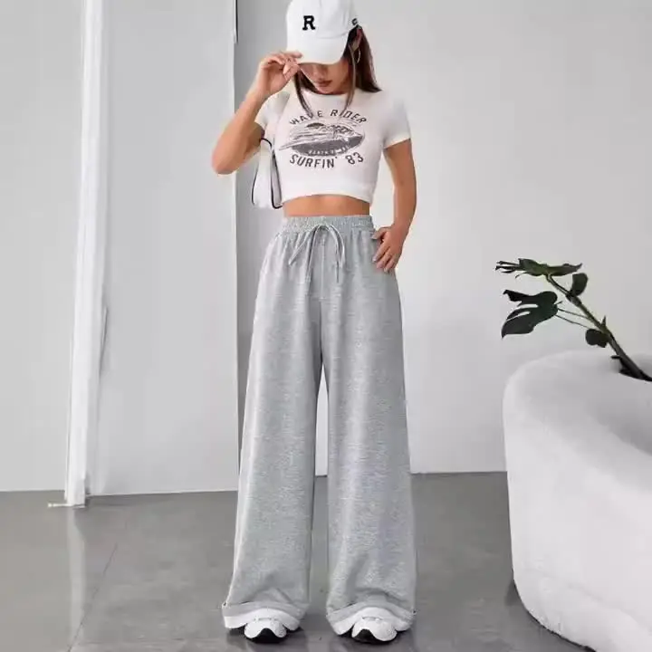 Hot Selling European and American Women's Fashionable Fake Drawstring Waist Wide Leg Sports Pants