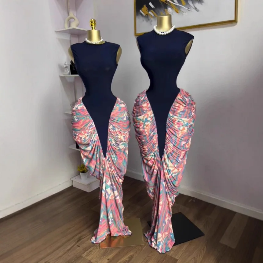 

Элегантное женское длинное платье-рубашка без рукавов с круглым вырезом, принтом, сборками на талии, для вечеринок, осень 2026