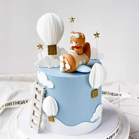 Tårtdekorationer med flygplansbjörn - Flygplansbjörnstårtdekorationer för tiden flyger 1-årsdag, babyshower, pojkefest 10 best sales björntårtdekoration - №1