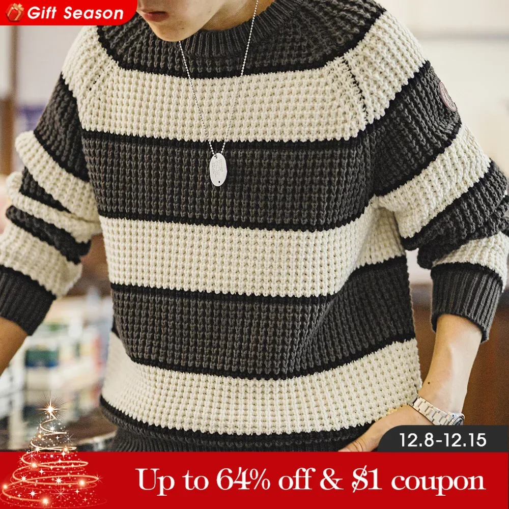 Maden Retro Striped Knitted Sweater with Round Neck Versatile Pullover for Men\'s Autumn and Winter Warm Knitted Casual Tops