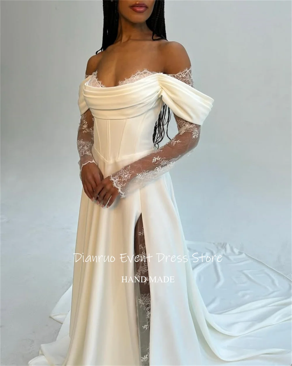 Dianruo tribunal trem apliques vestido de casamento cetim renda vestido de noiva fora do ombro alta fenda vestido de noite romântico personalizado