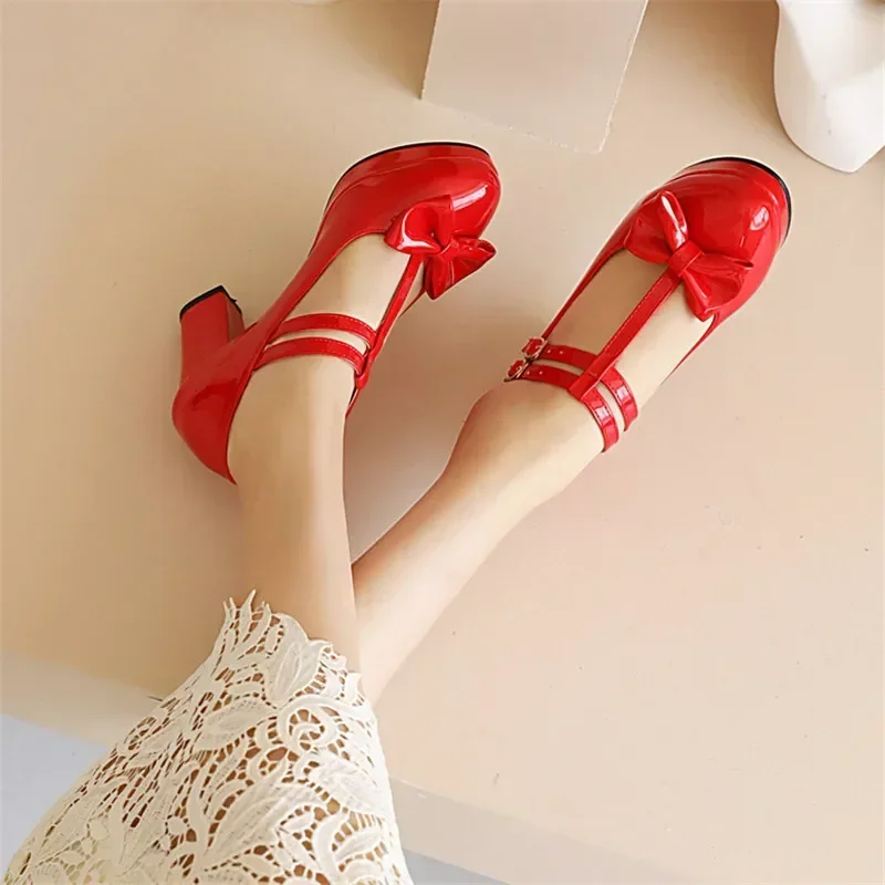 Plus Size Women Platform Mary Janes Sweet Red Pink Patent Leather High Chunky Heels Party Bowknot Round Toe T-strap Lolita Shoes