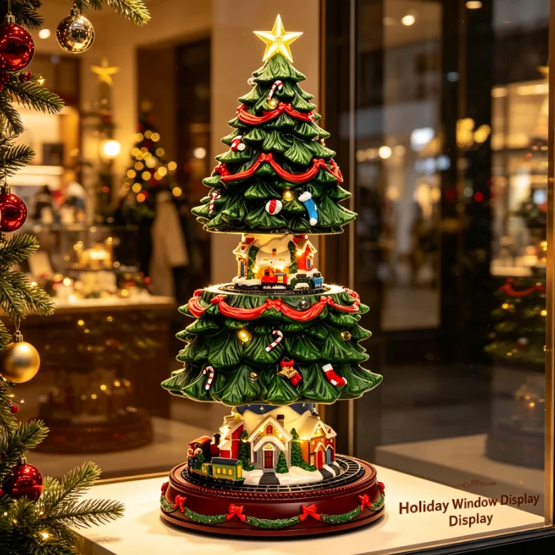 Rotating Christmas Tree With Train Village Musical Box LED Lights Holiday Ornament For Home Desktop Xmas Decoration Display