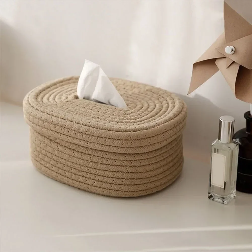 Caja de pañuelos de cuerda de algodón, caja de pañuelos tejida, caja de almacenamiento de escritorio, caja de papel de bombeo, decoración para el