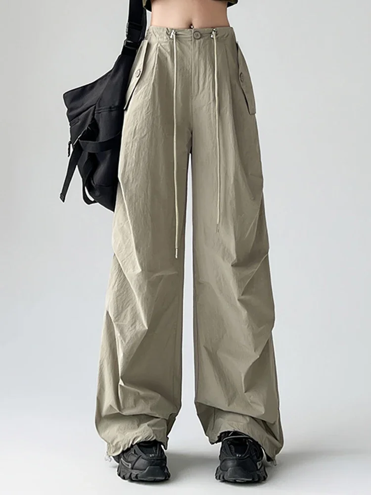 

Khaki Summer Loose Zipper Button Casual Women Pants American Street Solid Color Chic Drawstring Simple Fashion Cargo Pants Women
