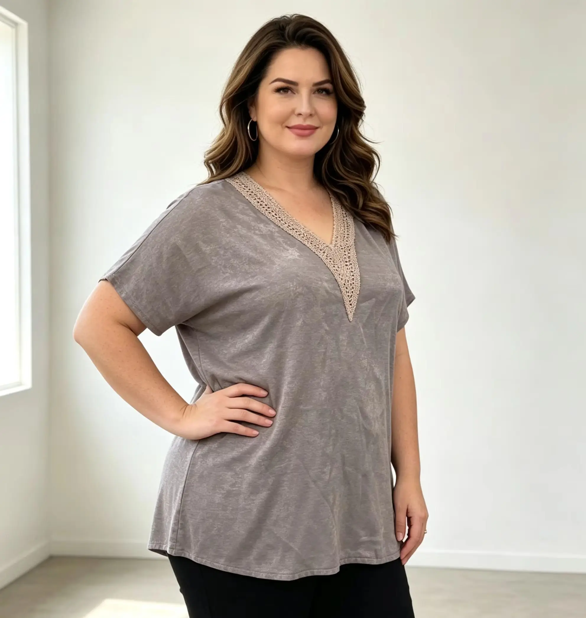 Plus Size Gray V‑Neck Lace Short Sleeve T‑Shirt For Women 40‑50 Years Old, Casual Loose Fit Soft Fabric Comfortable Daily Wear B