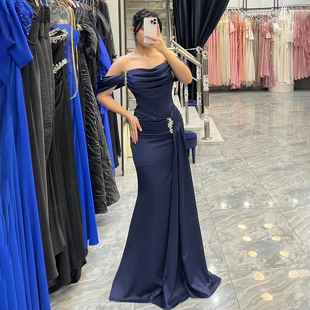 

Custom Made Formal Evening Dress Sheath Off Shoulder Satin Pleated Backless Floor Length Crystal Prom Party Gown with Train
