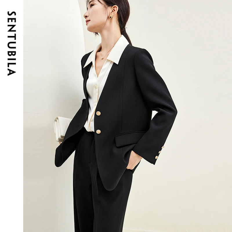 SENTUBILA Women's Two Pieces Sets 2025 Autumn Black V Neck Blazer Wide Leg Pants Office Lady New In Matching Sets 143Z58034X