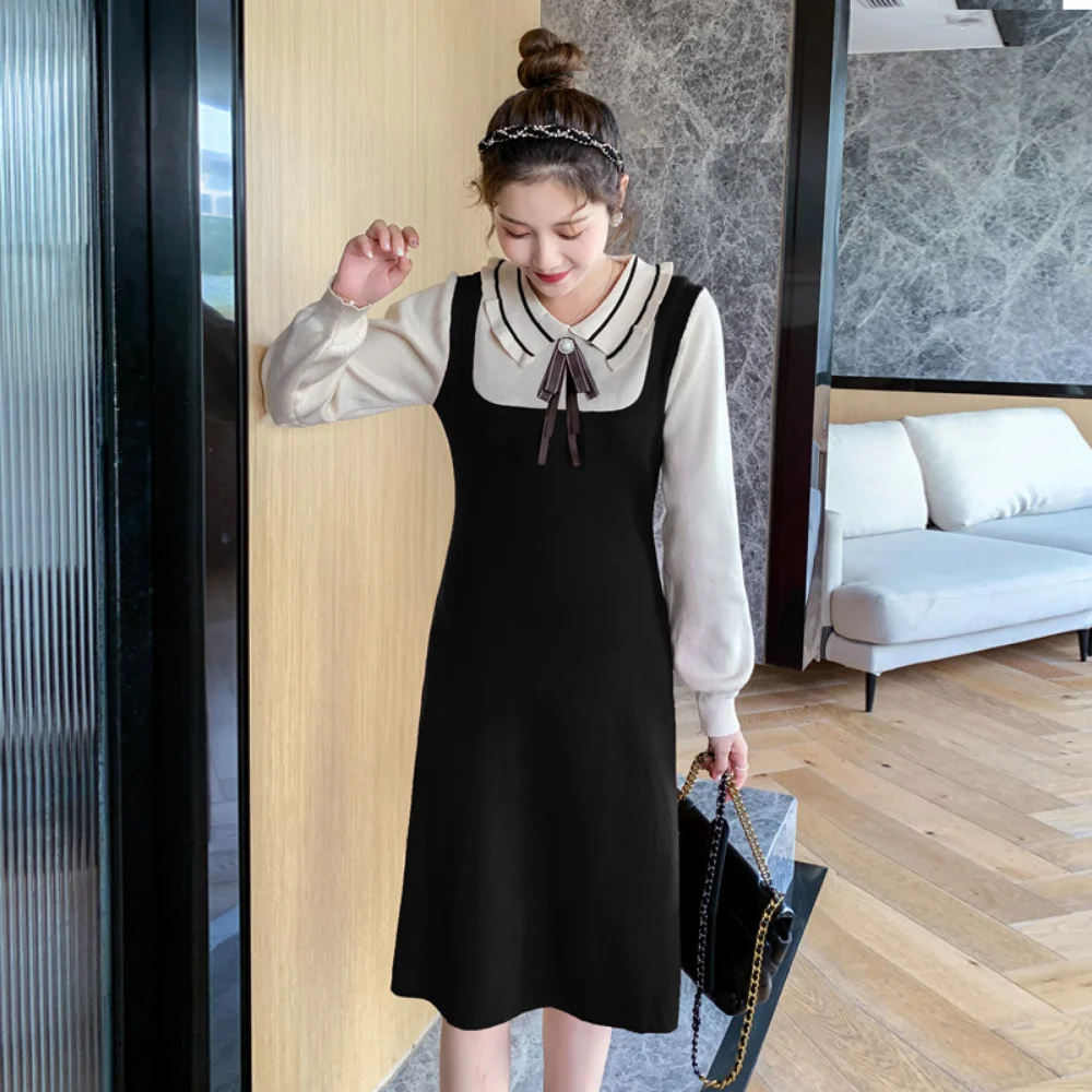 Vestido de maternidad de retazos para mujer embarazada, ropa de dos piezas falsas de manga larga, informal, Vintage, primavera y otoño